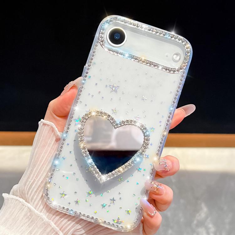 For iPhone Air Diamond Glitter Mirror Heart Holder Phone Case(Transparent Stars)