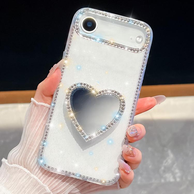 For iPhone Air Diamond Glitter Mirror Heart Holder Phone Case(White)