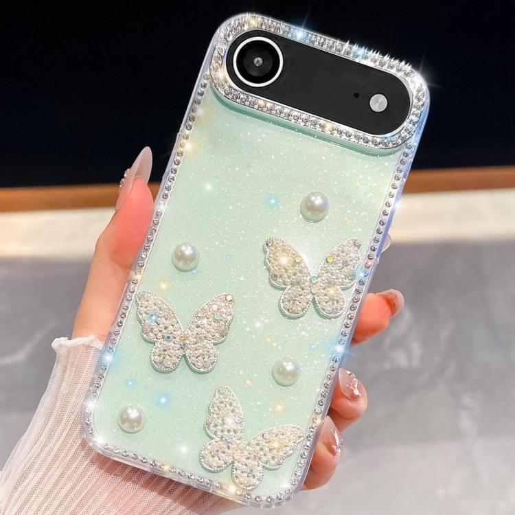 For iPhone Air Diamond Glitter Pearl Butterfly Four-Corner Shockproof Phone Case(Light Green)