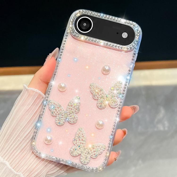 For iPhone Air Diamond Glitter Pearl Butterfly Four-Corner Shockproof Phone Case(Light Pink)