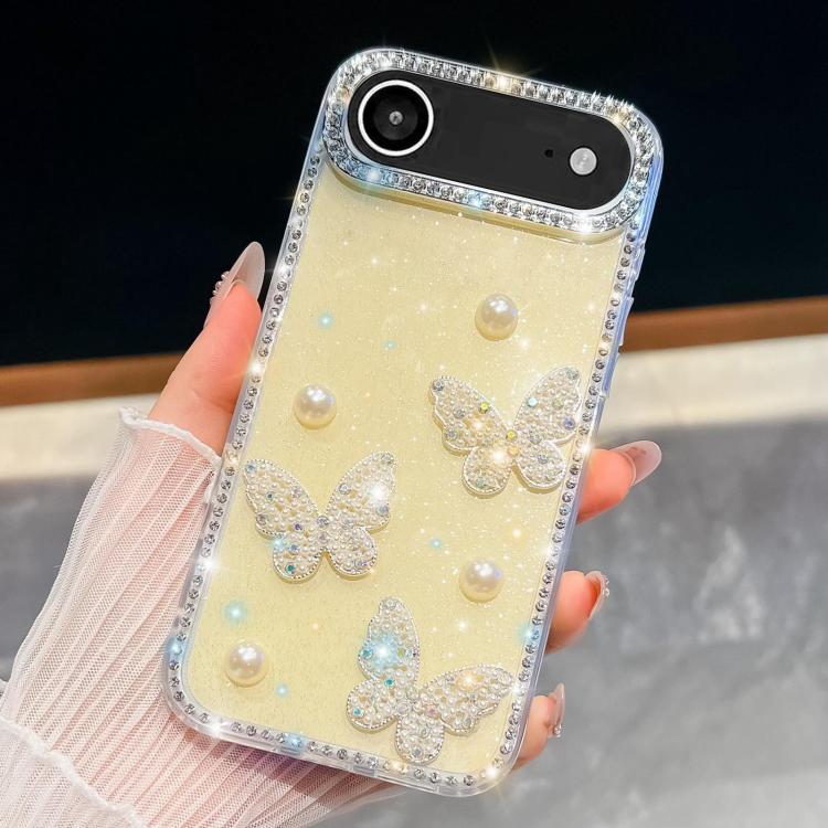 For iPhone Air Diamond Glitter Pearl Butterfly Four-Corner Shockproof Phone Case(Light Yellow)