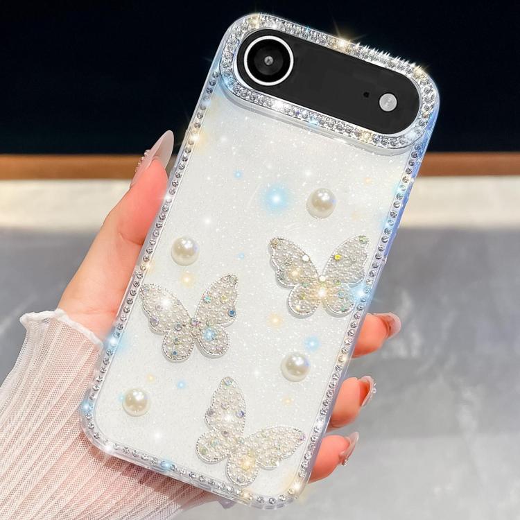 For iPhone Air Diamond Glitter Pearl Butterfly Four-Corner Shockproof Phone Case(Transparent)