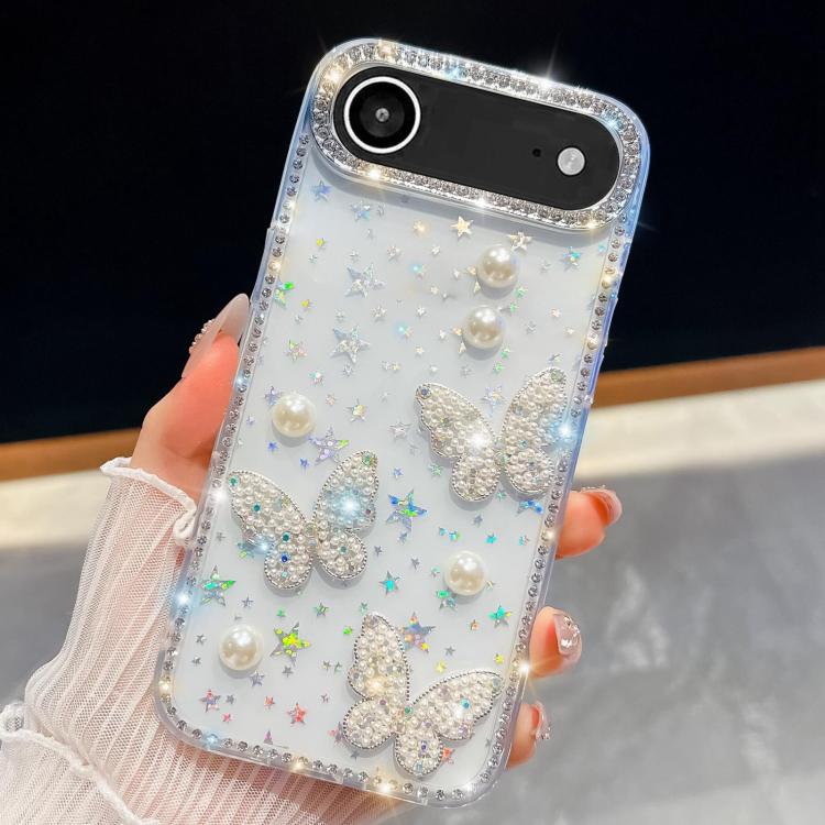 For iPhone Air Diamond Glitter Pearl Butterfly Four-Corner Shockproof Phone Case(Transparent Stars)