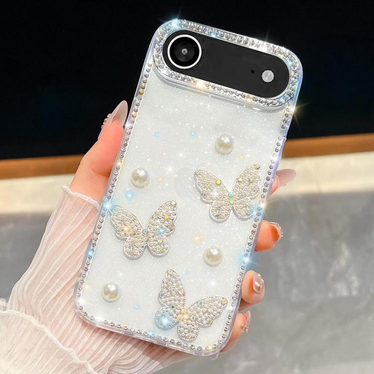 For iPhone Air Diamond Glitter Pearl Butterfly Four-Corner Shockproof Phone Case(White)