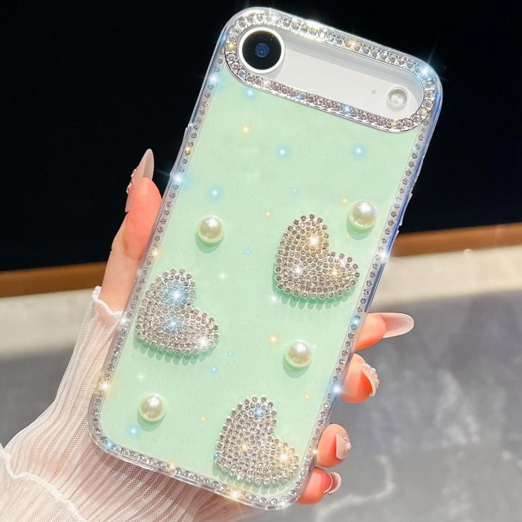 For iPhone Air Diamond Glitter Pearl Heart Four-Corner Shockproof Phone Case(Light Green)
