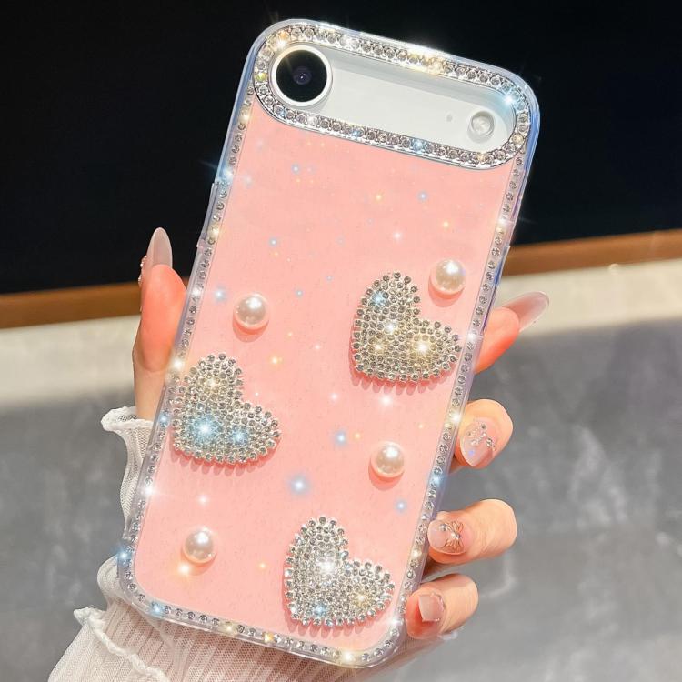 For iPhone Air Diamond Glitter Pearl Heart Four-Corner Shockproof Phone Case(Light Pink)