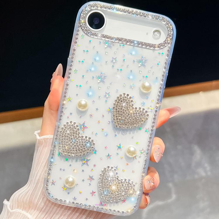 For iPhone Air Diamond Glitter Pearl Heart Four-Corner Shockproof Phone Case(Transparent Stars)