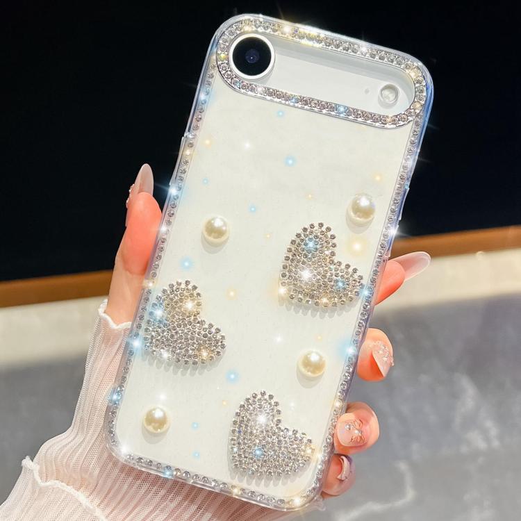 For iPhone Air Diamond Glitter Pearl Heart Four-Corner Shockproof Phone Case(White)