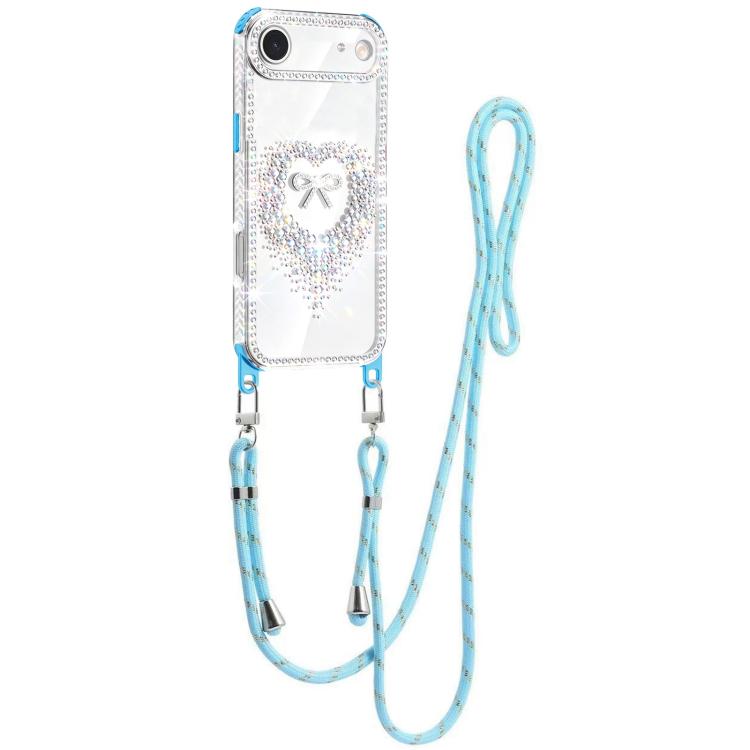 For iPhone Air Diamond Heart Bow PC Hybrid TPU Airbag Phone Case with Lanyard(Blue)