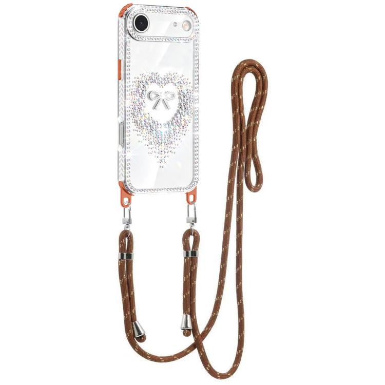 For iPhone Air Diamond Heart Bow PC Hybrid TPU Airbag Phone Case with Lanyard(Orange)