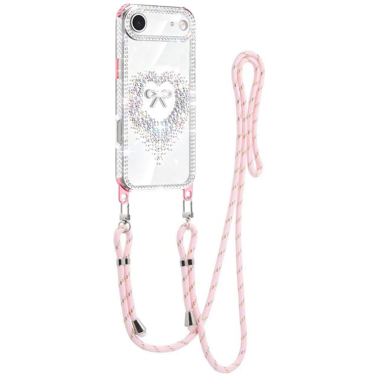 For iPhone Air Diamond Heart Bow PC Hybrid TPU Airbag Phone Case with Lanyard(Pink)
