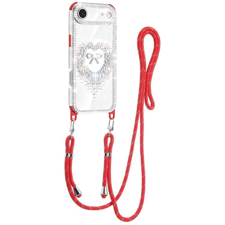 For iPhone Air Diamond Heart Bow PC Hybrid TPU Airbag Phone Case with Lanyard(Red)