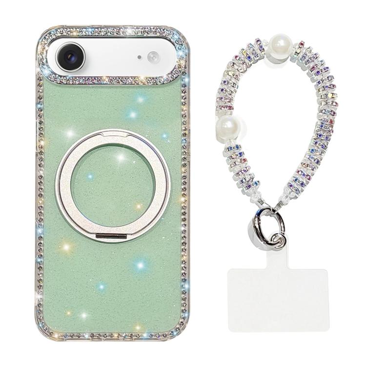For iPhone Air Diamond IMD 360 Rotation Magnetic Metal Holder Phone Case with Strap(Glitter Light Green)