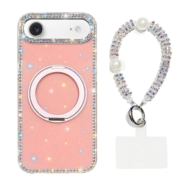 For iPhone Air Diamond IMD 360 Rotation Magnetic Metal Holder Phone Case with Strap(Glitter Light Pink)