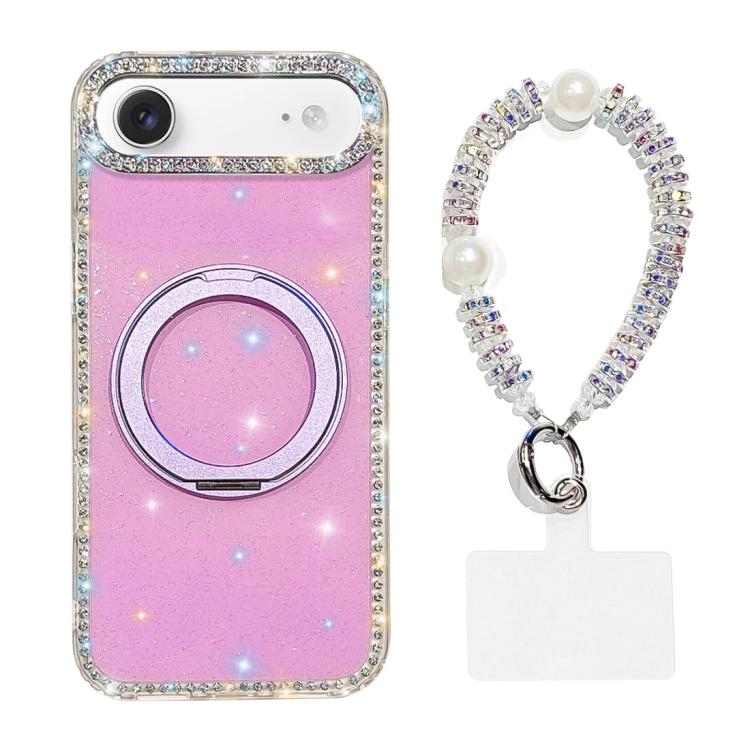 For iPhone Air Diamond IMD 360 Rotation Magnetic Metal Holder Phone Case with Strap(Glitter Light Purple)