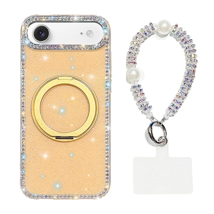 For iPhone Air Diamond IMD 360 Rotation Magnetic Metal Holder Phone Case with Strap(Glitter Light Yellow)