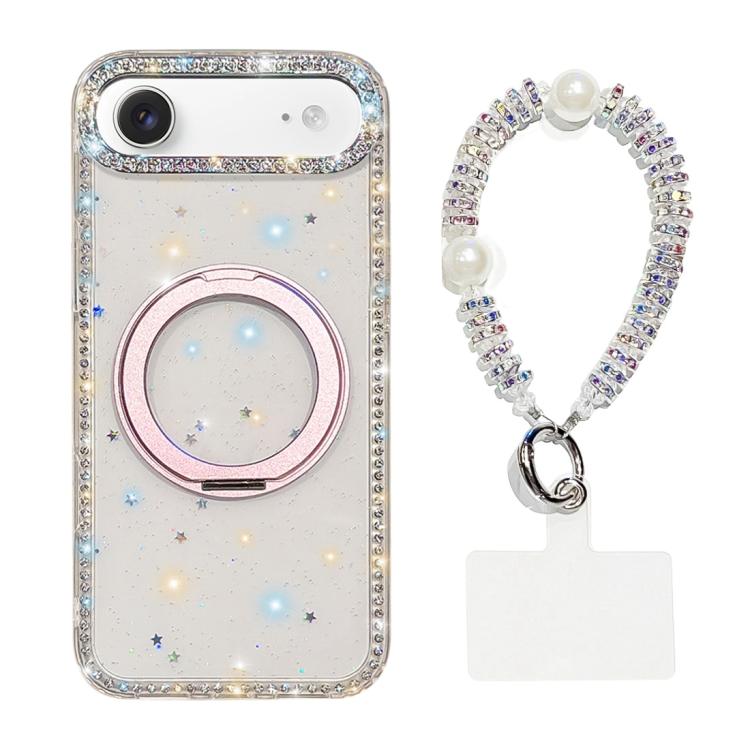 For iPhone Air Diamond IMD 360 Rotation Magnetic Metal Holder Phone Case with Strap(Glitter Stars)