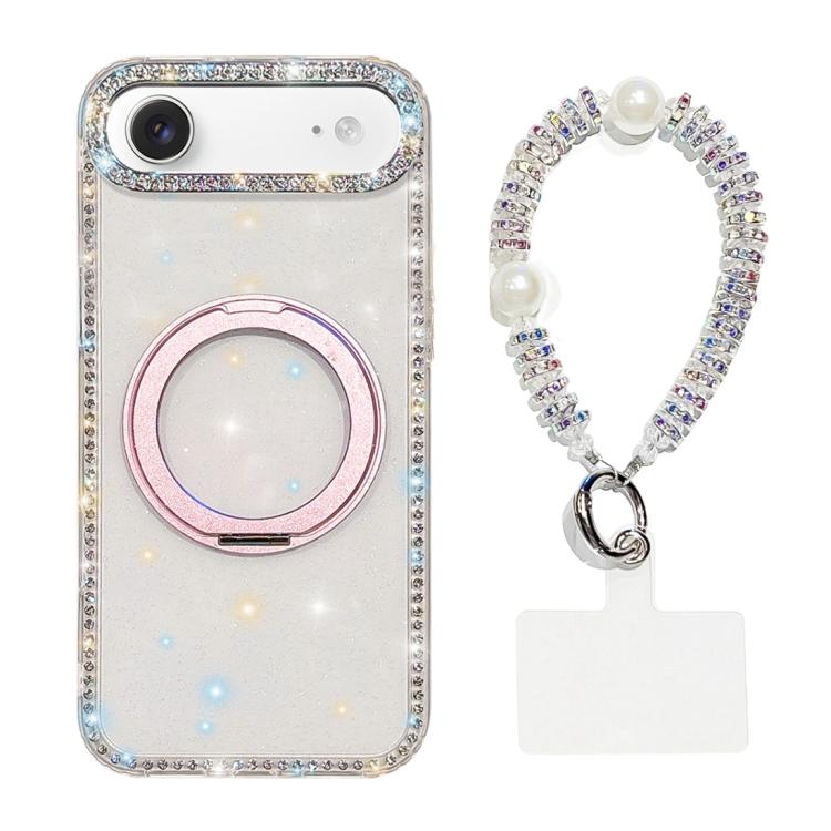 For iPhone Air Diamond IMD 360 Rotation Magnetic Metal Holder Phone Case with Strap(Glitter Transparent)