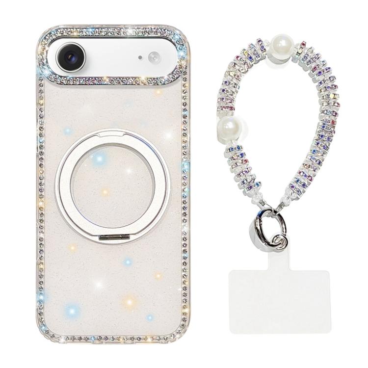For iPhone Air Diamond IMD 360 Rotation Magnetic Metal Holder Phone Case with Strap(Glitter White)