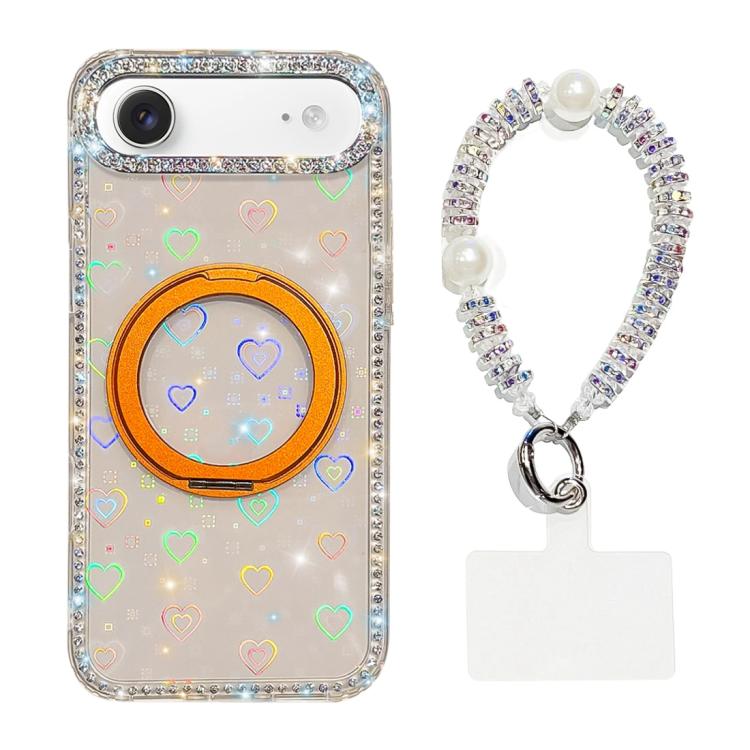 For iPhone Air Diamond IMD 360 Rotation Magnetic Metal Holder Phone Case with Strap(Love Transparent)