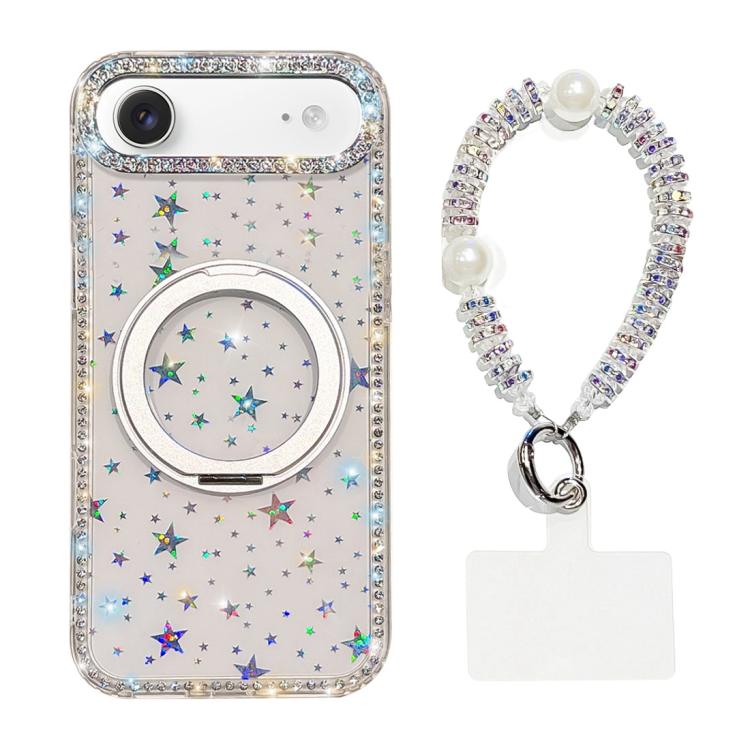 For iPhone Air Diamond IMD 360 Rotation Magnetic Metal Holder Phone Case with Strap(Stars Transparent)