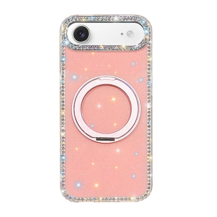 For iPhone Air Diamond IMD 360 Rotation Magnetic Metal Holder Phone Case(Glitter Light Pink)