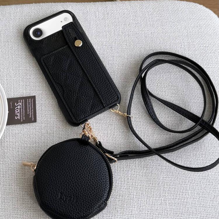 For iPhone Air Diamond Pattern Wristband Card Slot PU Phone Case with Small Wallet(Black)