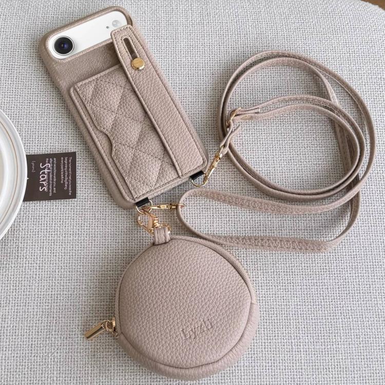For iPhone Air Diamond Pattern Wristband Card Slot PU Phone Case with Small Wallet(Khaki)