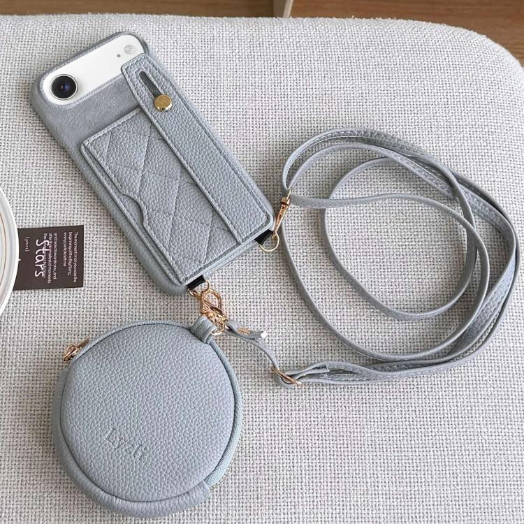 For iPhone Air Diamond Pattern Wristband Card Slot PU Phone Case with Small Wallet(Light Blue)