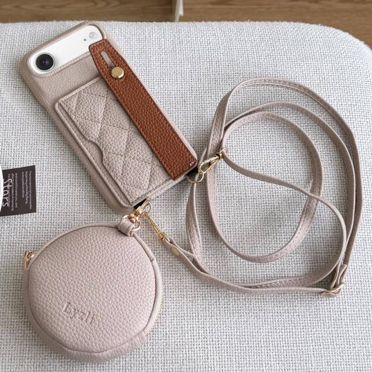 For iPhone Air Diamond Pattern Wristband Card Slot PU Phone Case with Small Wallet(Light Brown)