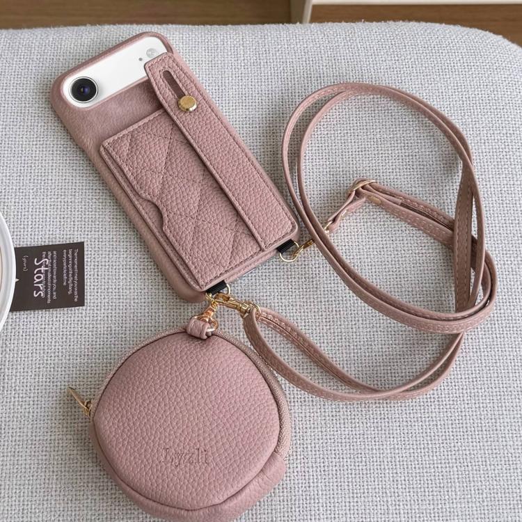 For iPhone Air Diamond Pattern Wristband Card Slot PU Phone Case with Small Wallet(Pink)