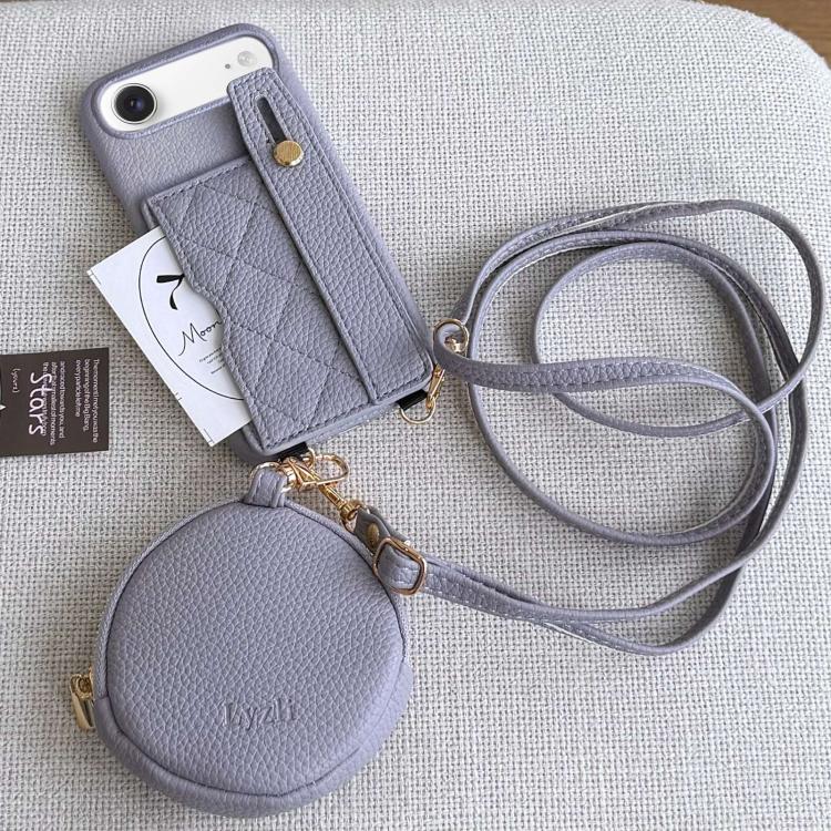 For iPhone Air Diamond Pattern Wristband Card Slot PU Phone Case with Small Wallet(Violet)