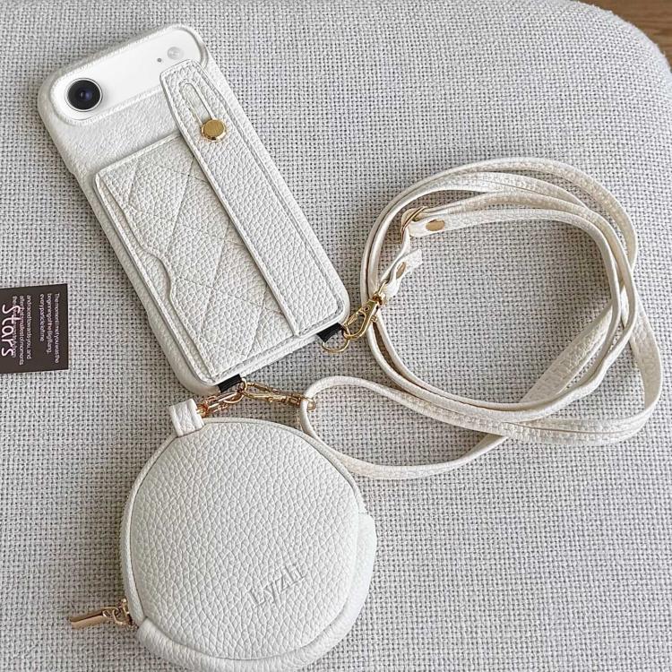 For iPhone Air Diamond Pattern Wristband Card Slot PU Phone Case with Small Wallet(White)