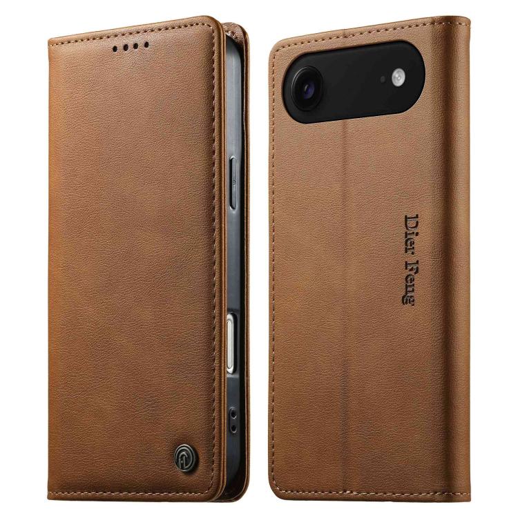 For iPhone Air Dierfeng Metal Snap Magnetic RFID Vegan Leather Phone Case(Light Brown)