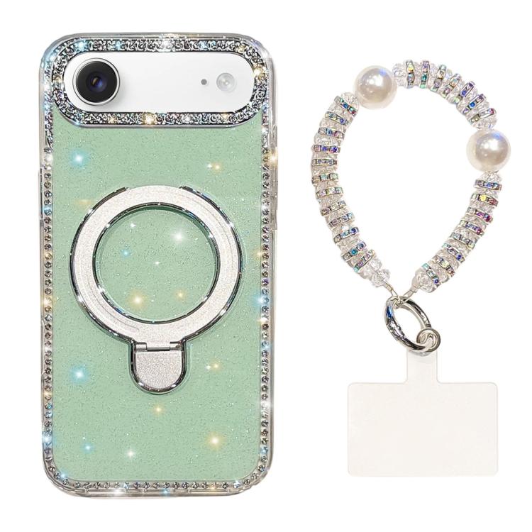 For iPhone Air Double-Sided IMD Rhinestone Magnetic Holder Shockproof Phone Case With Bracelet(Glitter Green)