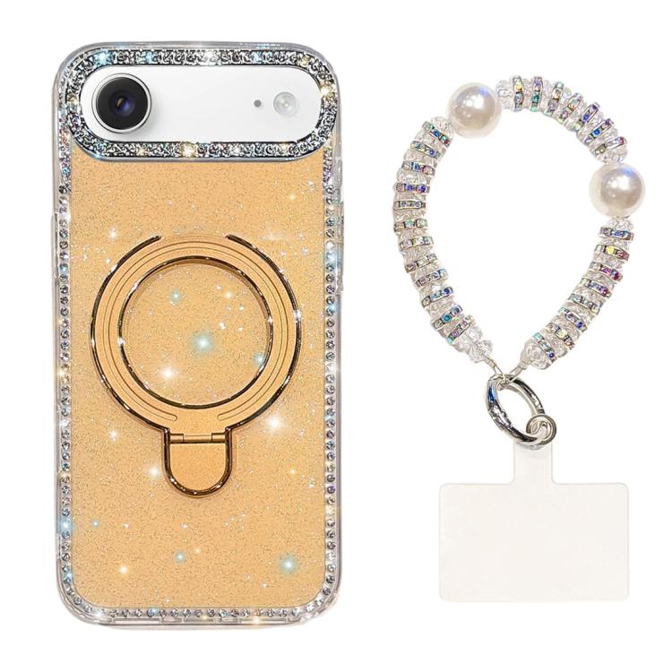 For iPhone Air Double-Sided IMD Rhinestone Magnetic Holder Shockproof Phone Case With Bracelet(Glitter Light Yellow)