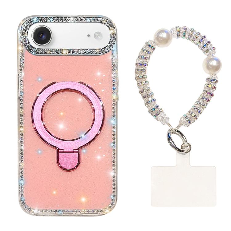 For iPhone Air Double-Sided IMD Rhinestone Magnetic Holder Shockproof Phone Case With Bracelet(Glitter Pink)