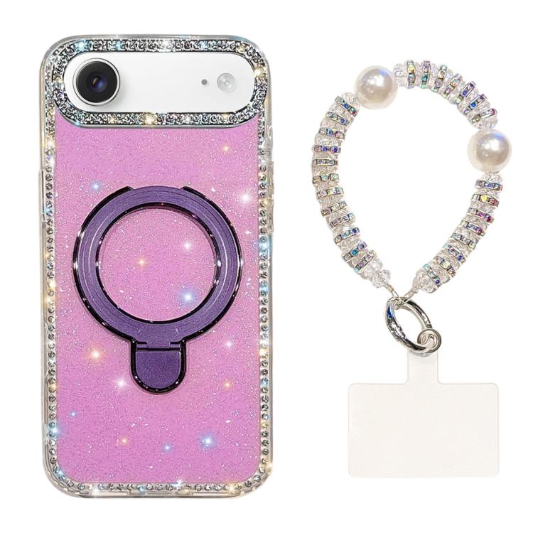 For iPhone Air Double-Sided IMD Rhinestone Magnetic Holder Shockproof Phone Case With Bracelet(Glitter Purple)
