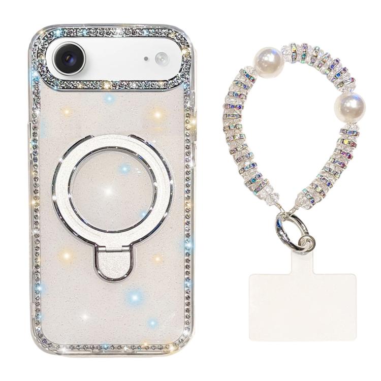 For iPhone Air Double-Sided IMD Rhinestone Magnetic Holder Shockproof Phone Case With Bracelet(Glitter White)