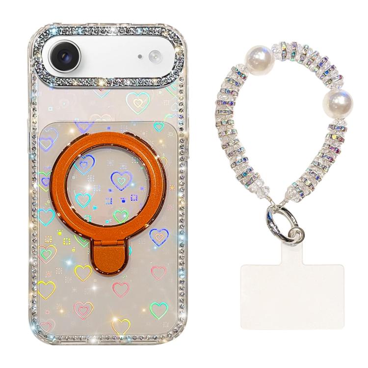 For iPhone Air Double-Sided IMD Rhinestone Magnetic Holder Shockproof Phone Case With Bracelet(Transparent Love)