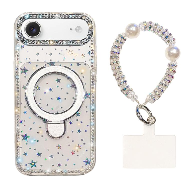 For iPhone Air Double-Sided IMD Rhinestone Magnetic Holder Shockproof Phone Case With Bracelet(Transparent Stars)