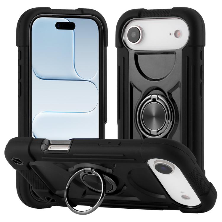For iPhone Air Dual Ring 360 Degree Rotation Holder PC Hybrid Silicone Phone Case(Black)