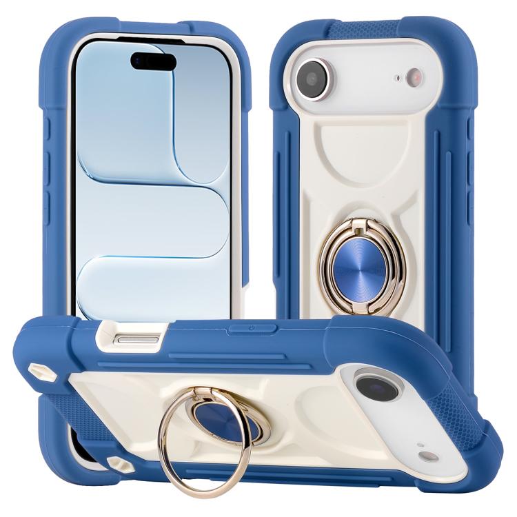 For iPhone Air Dual Ring 360 Degree Rotation Holder PC Hybrid Silicone Phone Case(Daisy Blue)