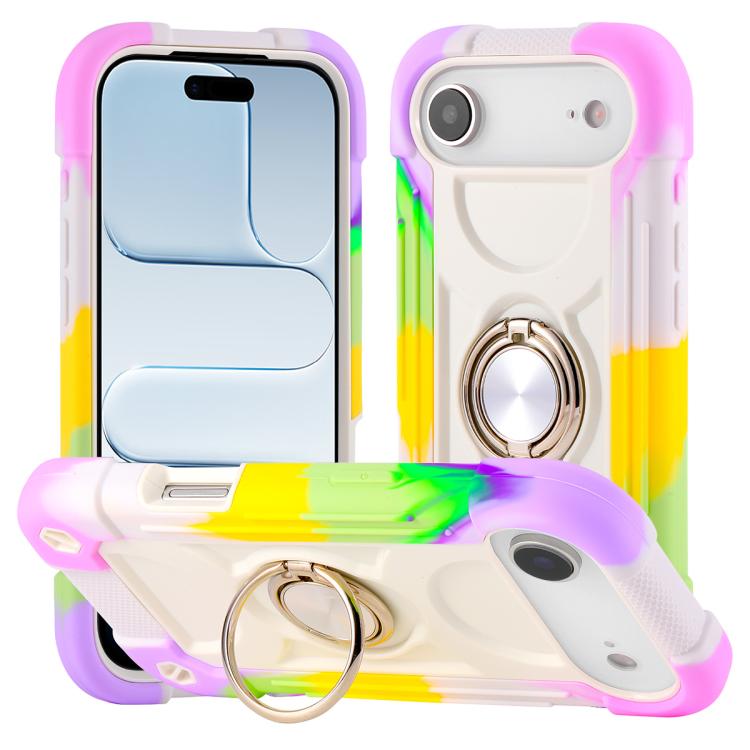 For iPhone Air Dual Ring 360 Degree Rotation Holder PC Hybrid Silicone Phone Case(Rainbow Beige)