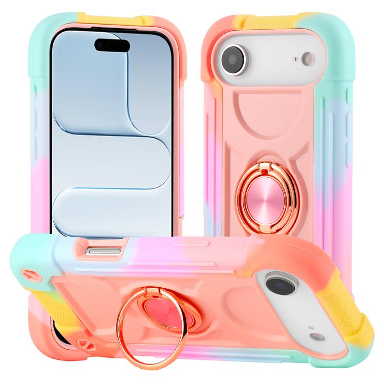 For iPhone Air Dual Ring 360 Degree Rotation Holder PC Hybrid Silicone Phone Case(Rainbow Rose Gold)