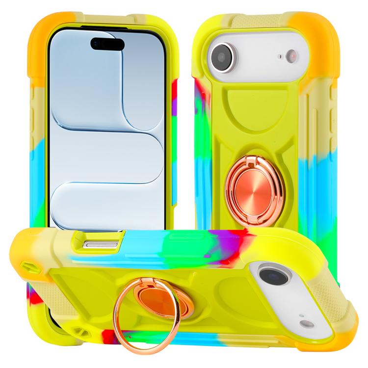 For iPhone Air Dual Ring 360 Degree Rotation Holder PC Hybrid Silicone Phone Case(Rainbow Yellow Green)