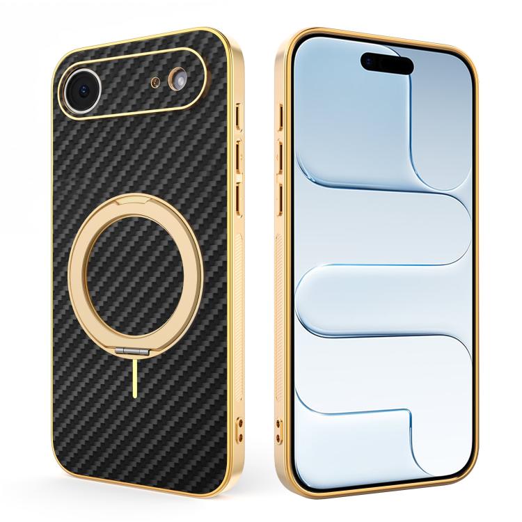 For iPhone Air Electroplated Carbon Fiber Texture 360 Degree Rotation Holder Phone Case(Black)