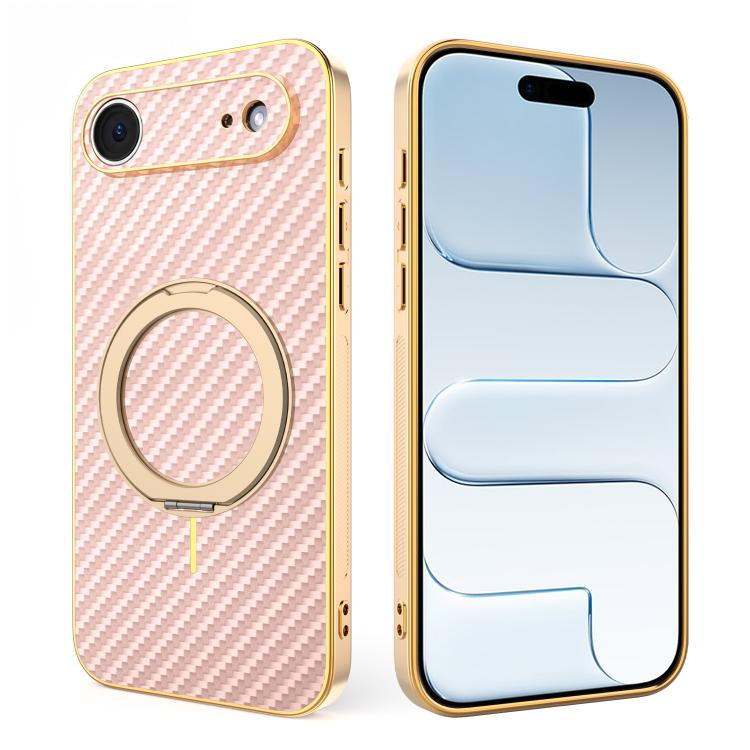 For iPhone Air Electroplated Carbon Fiber Texture 360 Degree Rotation Holder Phone Case(Pink)