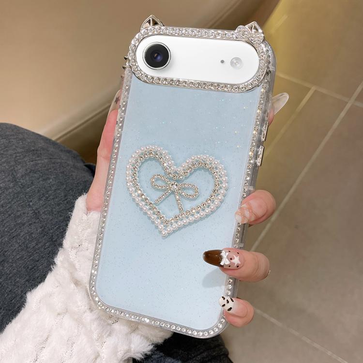 For iPhone Air Electroplated Cat Ear Dual Side Rhinestones Glitter IMD Phone Case(Blue)