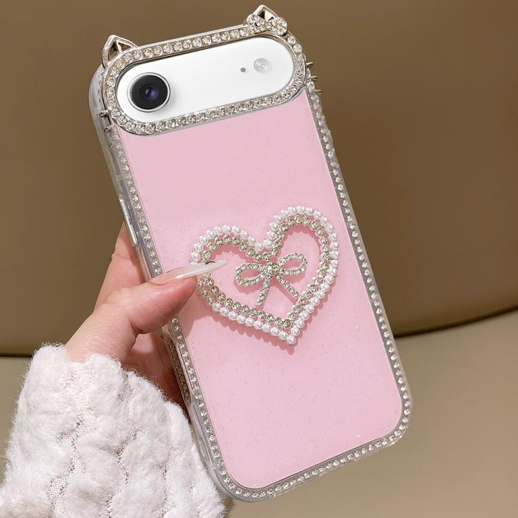 For iPhone Air Electroplated Cat Ear Dual Side Rhinestones Glitter IMD Phone Case(Pink)